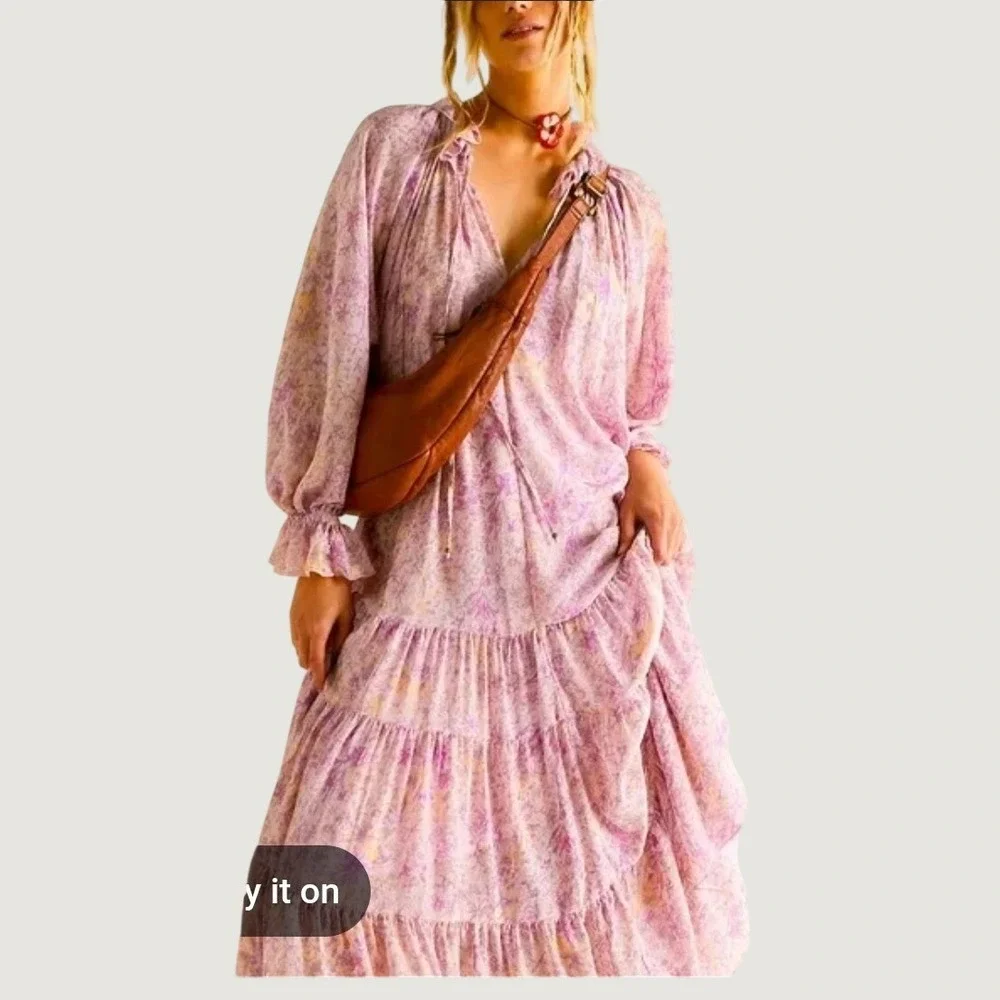 Free People Lavender Floral Tiered Boho Maxi Dress Long Sleeve Ruffle Neck XS - Picture 1 of 12